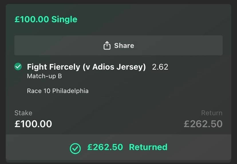 Winning match-up bet returned £262.50