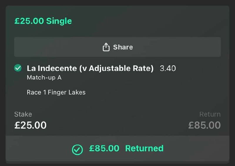 Winning match-up bet returned £85.00